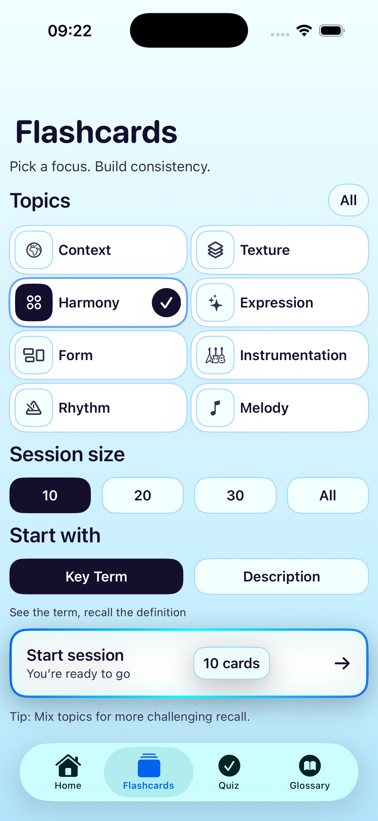 Flashcards screen