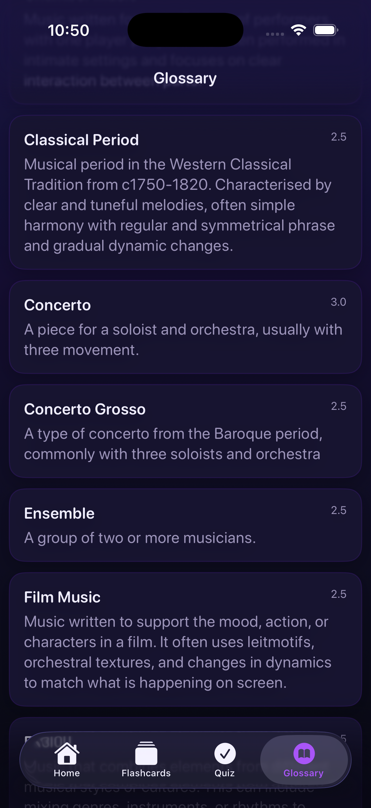 Glossary screen