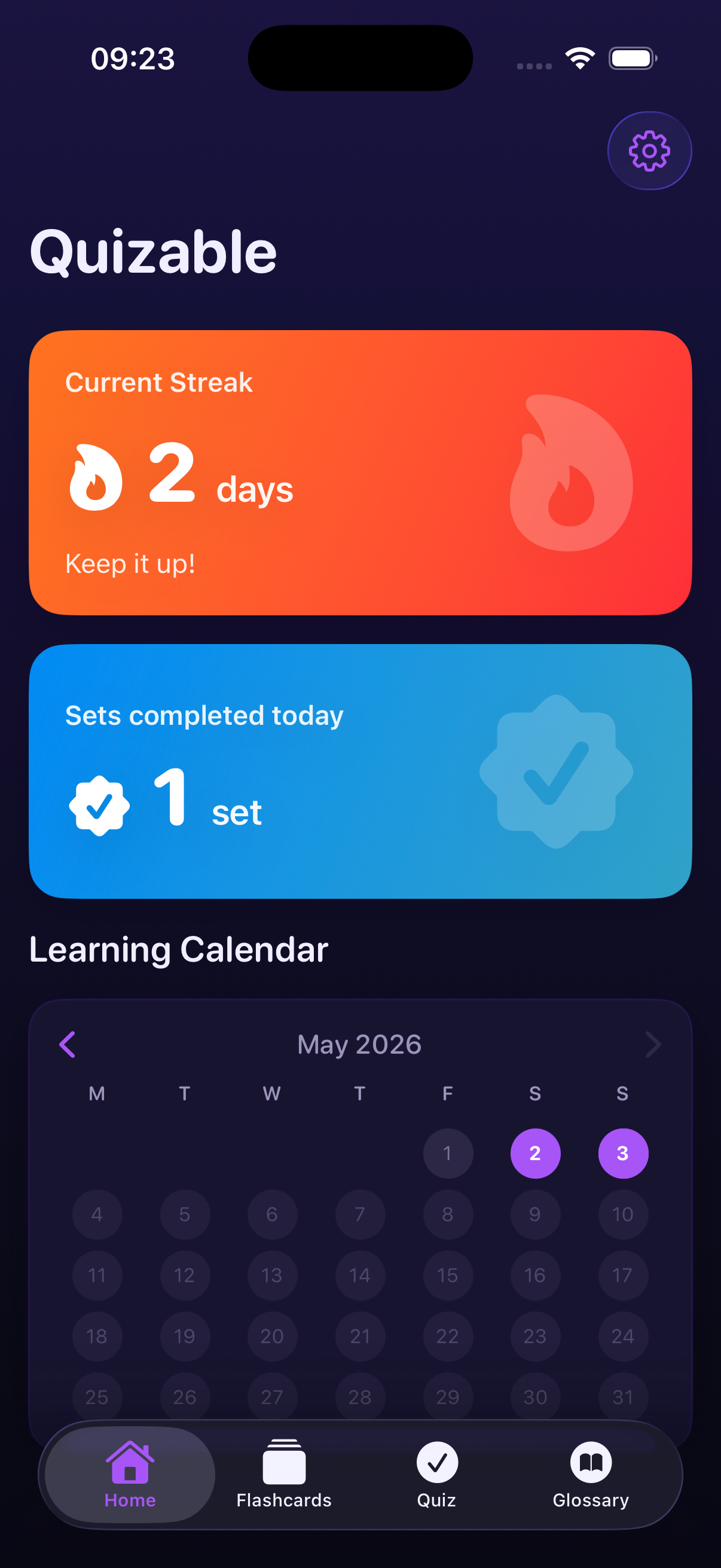 Quizable home screen dark mode