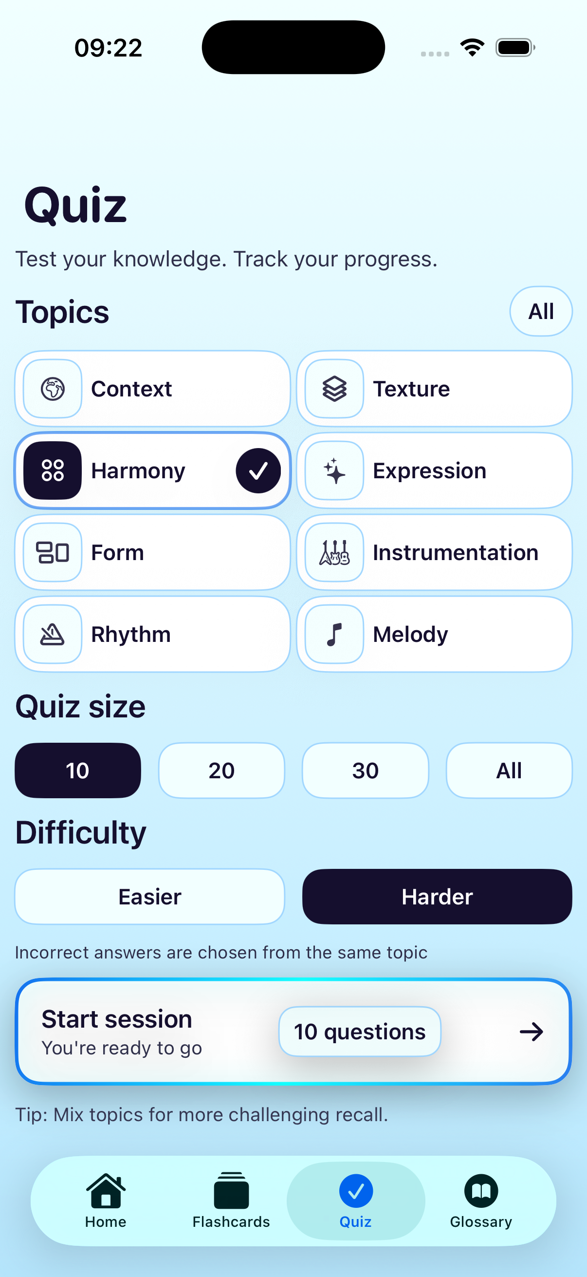 Quiz setup screen