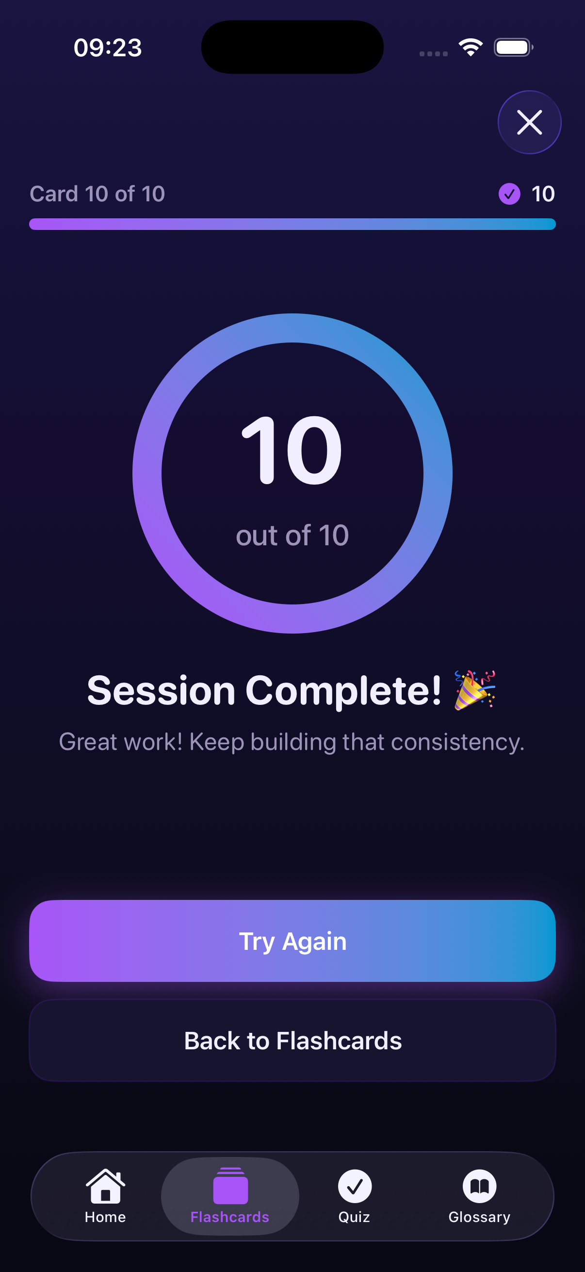 Session complete — dark mode